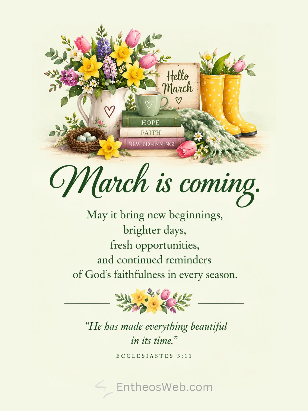 March is coming | hello march images wallaper backgrounds facebook covers | entheosweb Decorative spring greeting card with a bouquet books a mug yellow rain boots and a hello march sign plus the march is coming message March is coming