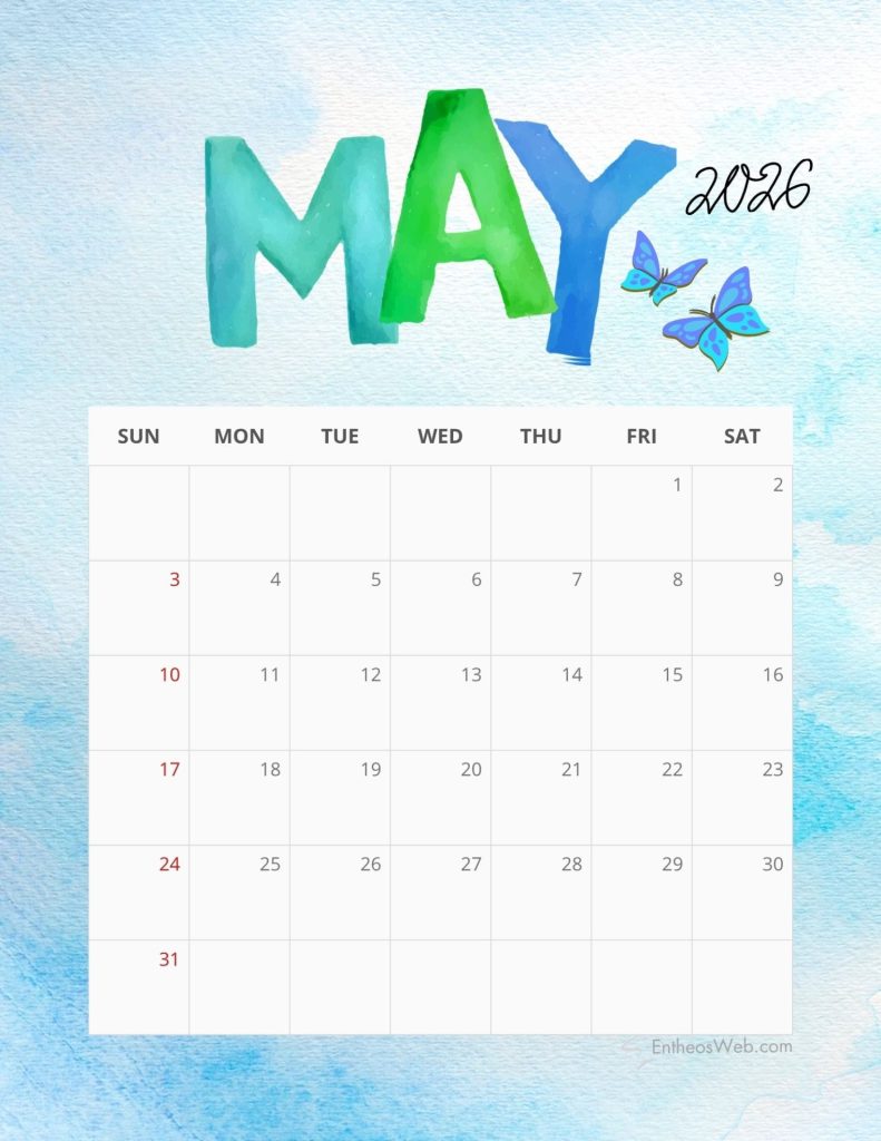 Watercolor may 2016 calendar page on a blue background with two blue butterflies to the right May 2026 calendar 2