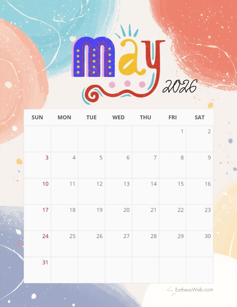 Colorful may 2026 calendar header with decorative art and a grid showing sundays to saturdays for the month of may 2026 May 2026 calendar 3