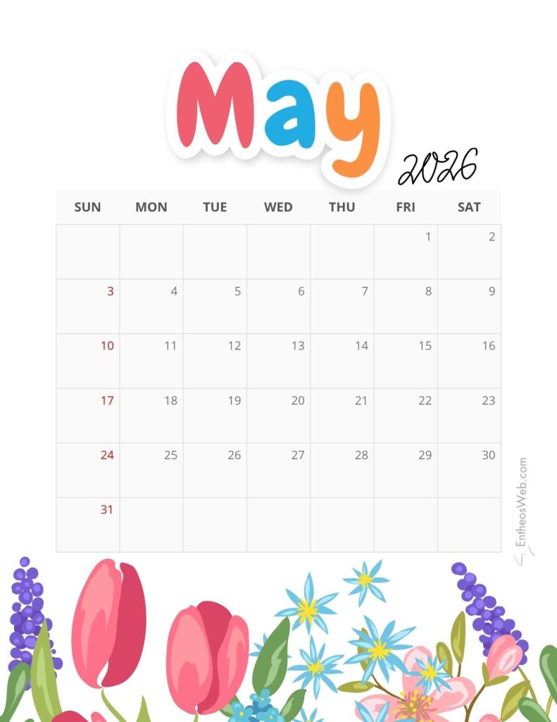 Colorful may 2016 calendar page with a weekday grid and decorative floral border at the bottom May 2026 calendar 4