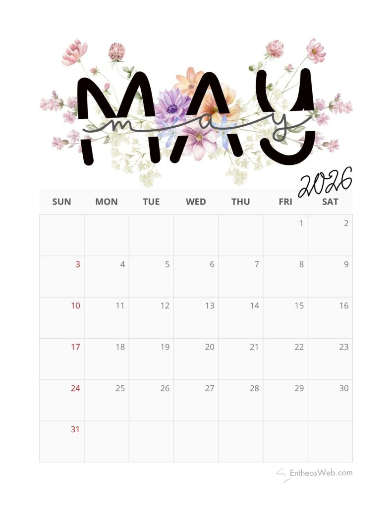 Floral header reading may 2016 with pink flowers above a partial may 2016 calendar grid showing days of the week and blank date cells May 2026 calendar