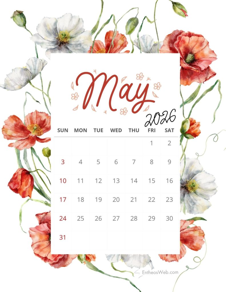 May 2016 calendar on a white card surrounded by watercolor flowers poppies may 2026 calendar   beautiful flowers