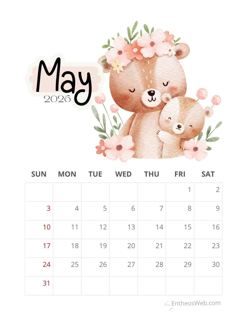 May 2026 calendar page with a watercolor bear and cub surrounded by pink flowers and greenery may 2026 calendar   mother and baby bear mothers day entheosweb