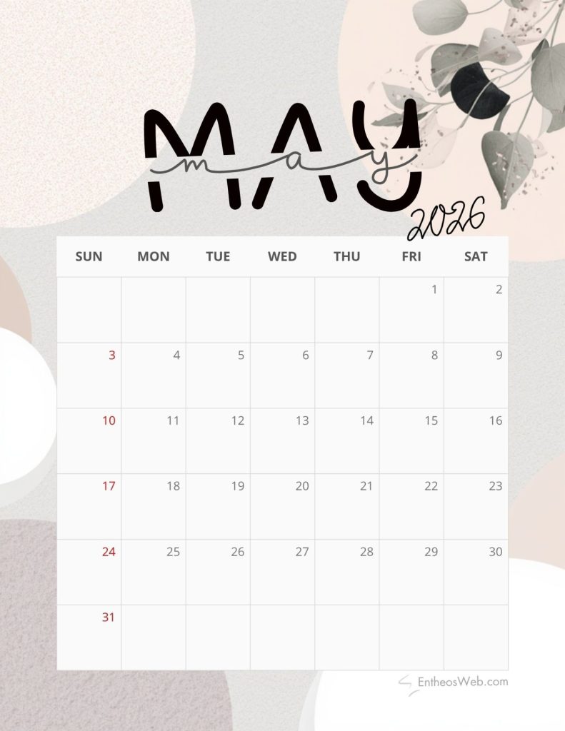 Decorative may 2026 calendar page with a light pastel background and leafy motif calendar grid showing dates May 2026 calendar   pastel flowers