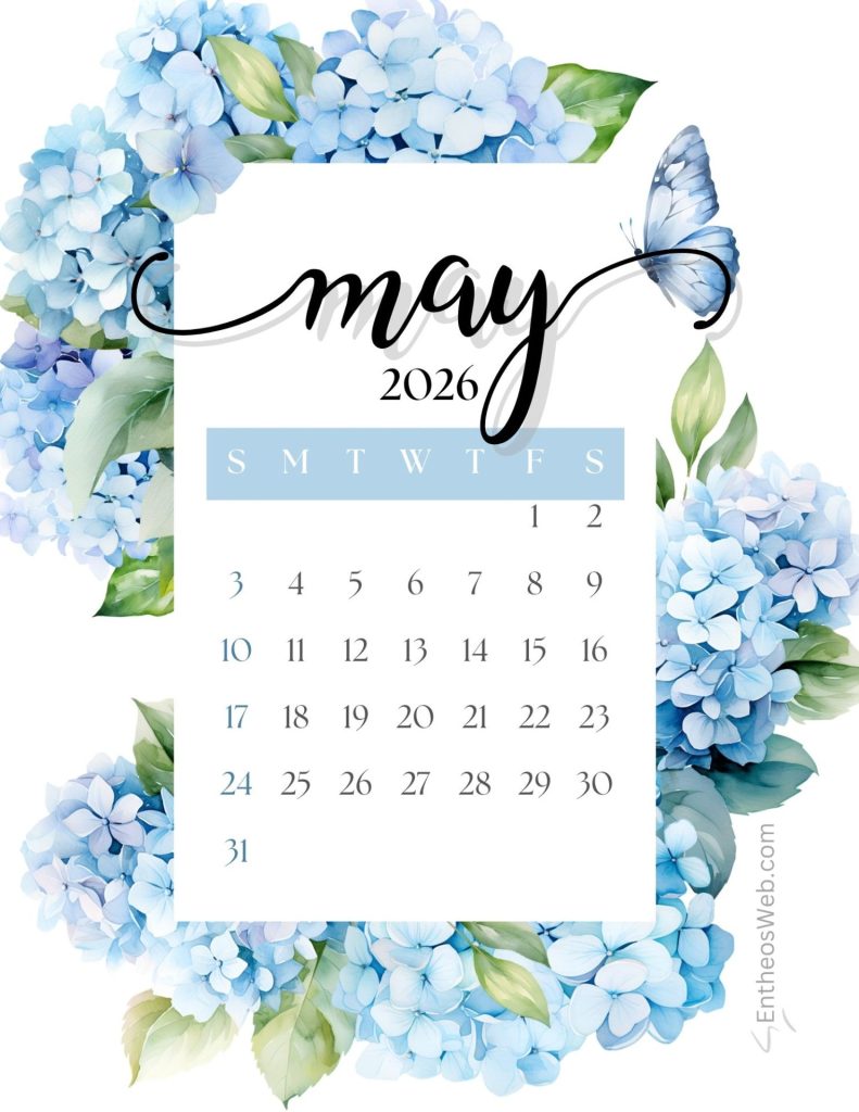 Calendar page for may 2026 with a blue hydrangea floral border framing the month and dates may calendar 2026 blue floral design free printable entheosweb