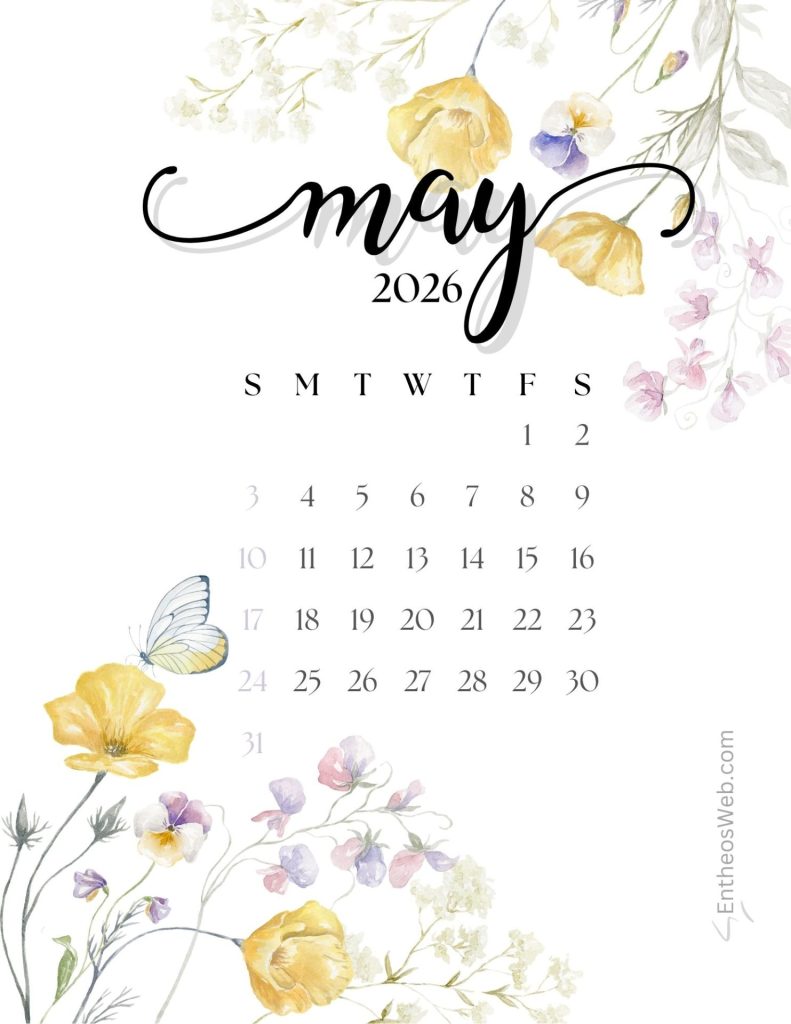 May 2026 calendar page featuring a decorative floral border with yellow purple and pink flowers and a butterfly showing days of the week and dates May calendar 2026 floral design free printable entheosweb 2