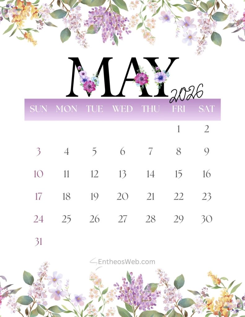 May 2016 calendar page with purple day bar and a border of pastel flowers at top and bottom may calendar 2026 floral design free printable entheosweb 3