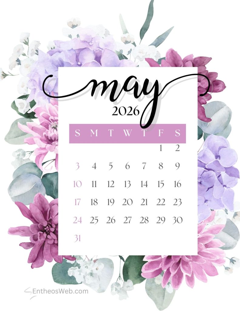 May 2026 calendar overlaid on a floral border of pink purple and white flowers may calendar 2026 floral design free printable entheosweb