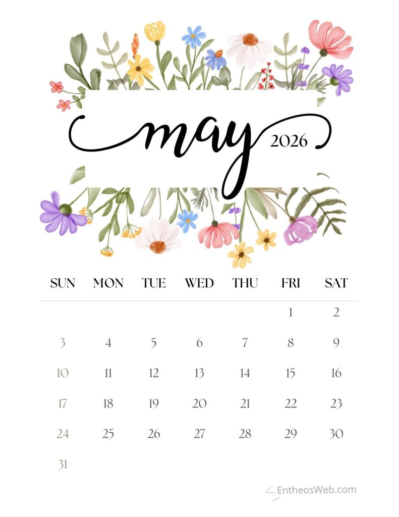 May 2026 calendar page with a floral header and day grid sunsat and dates shown below the decorative text may 2026 May calendar 2026 floral frame entheosweb