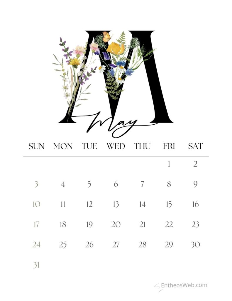 Calendar page showing a stylized large black m with floral accents and a may layout sunsat and dates below May calendar 2026 floral letter m entheosweb
