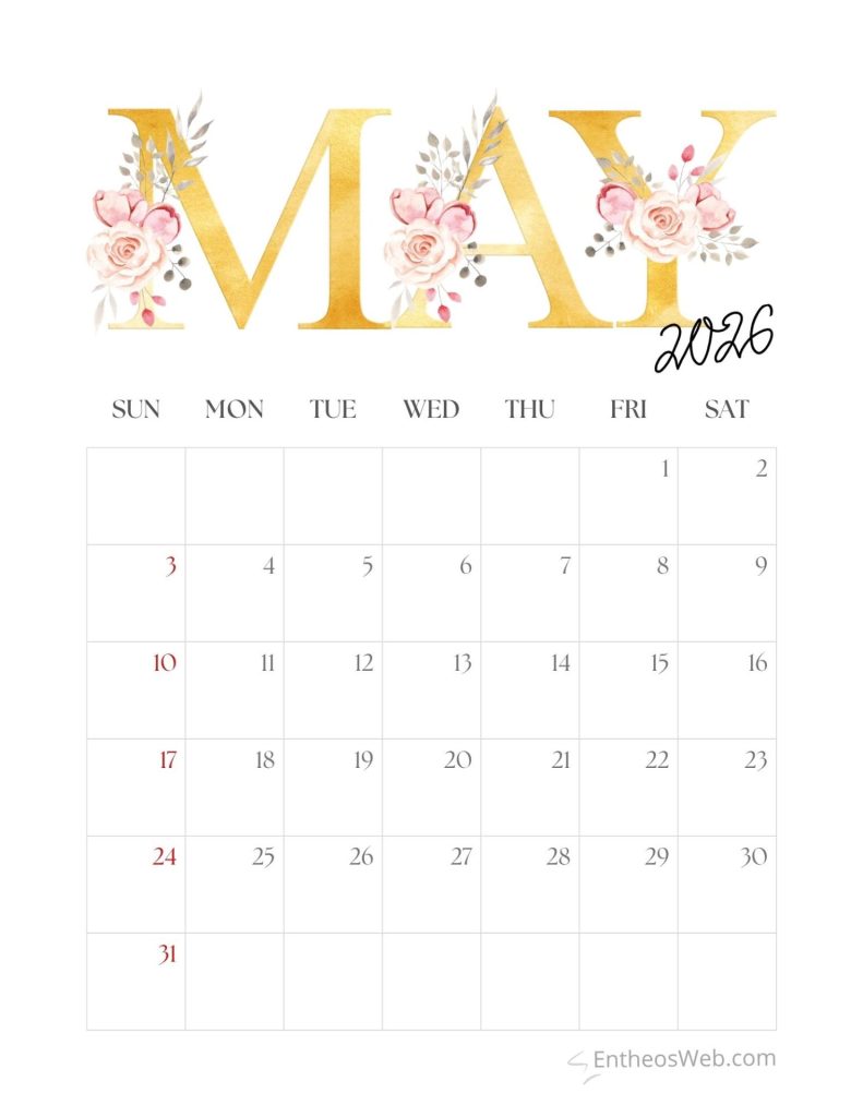 Decorative may 2016 calendar with gold floral lettering and pink flowers days sunsat and a 31day grid May calendar 2026 gold lettering with pink roses entheosweb