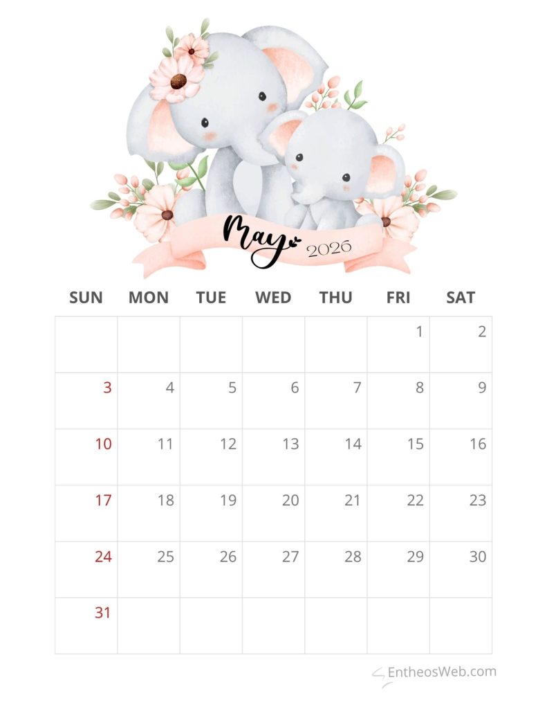 Illustration of two elephants with pink flowers and a pink ribbon reading may 2026 above a calendar grid for may 2026 sunday start May calendar 2026   mothers day   mother and baby elephant