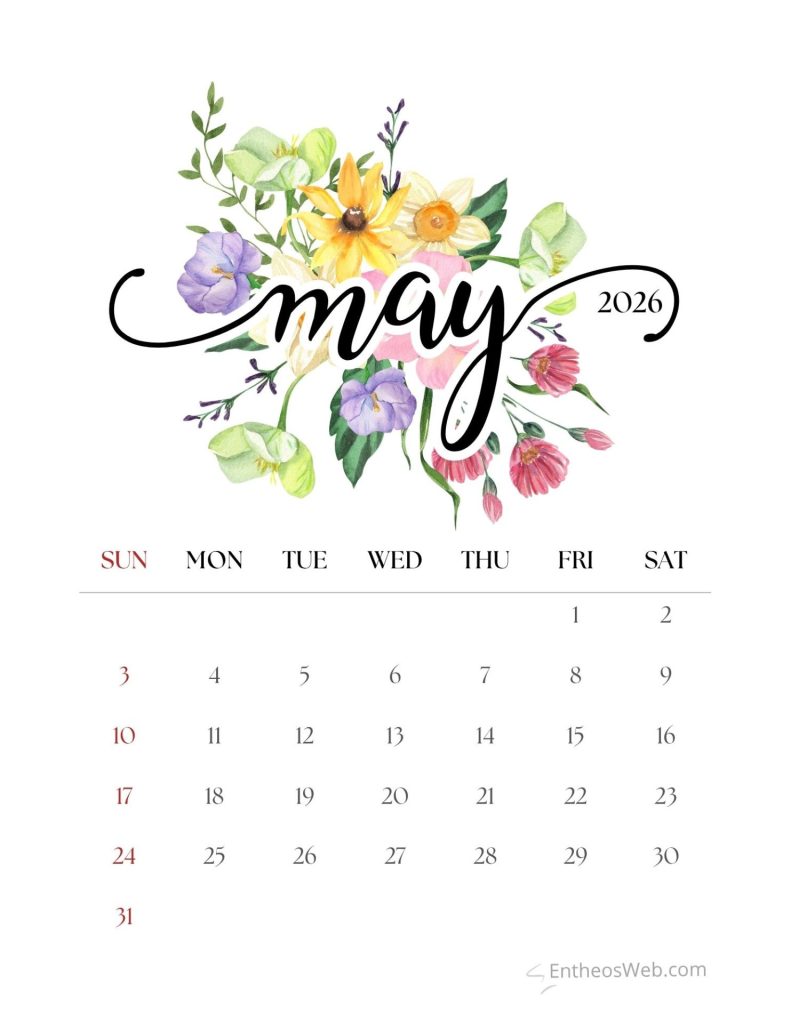 May 2026 calendar page with a colorful floral header days sunsat and numbered dates below May calendar 2026 spring flowers entheosweb