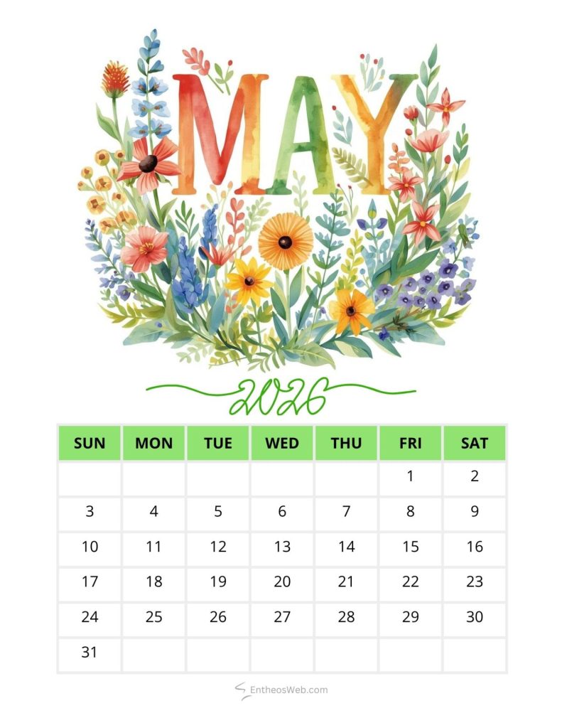 Colorful may 2016 calendar page framed by a watercolor floral wreath above a blank grid of days May colorful floral watercolor green printable calendar