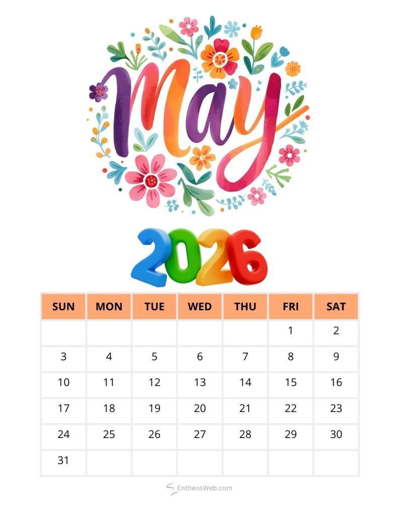 Colorful may 2026 calendar graphic floral may logo above a month grid with orange header row for sundays and dates May colorful floral watercolor printable calendar