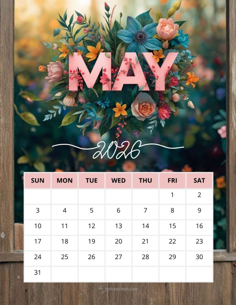 May 2016 calendar spread with a bright floral wreath and pink header on a wooden background May floral pink and blue wood printable calendar