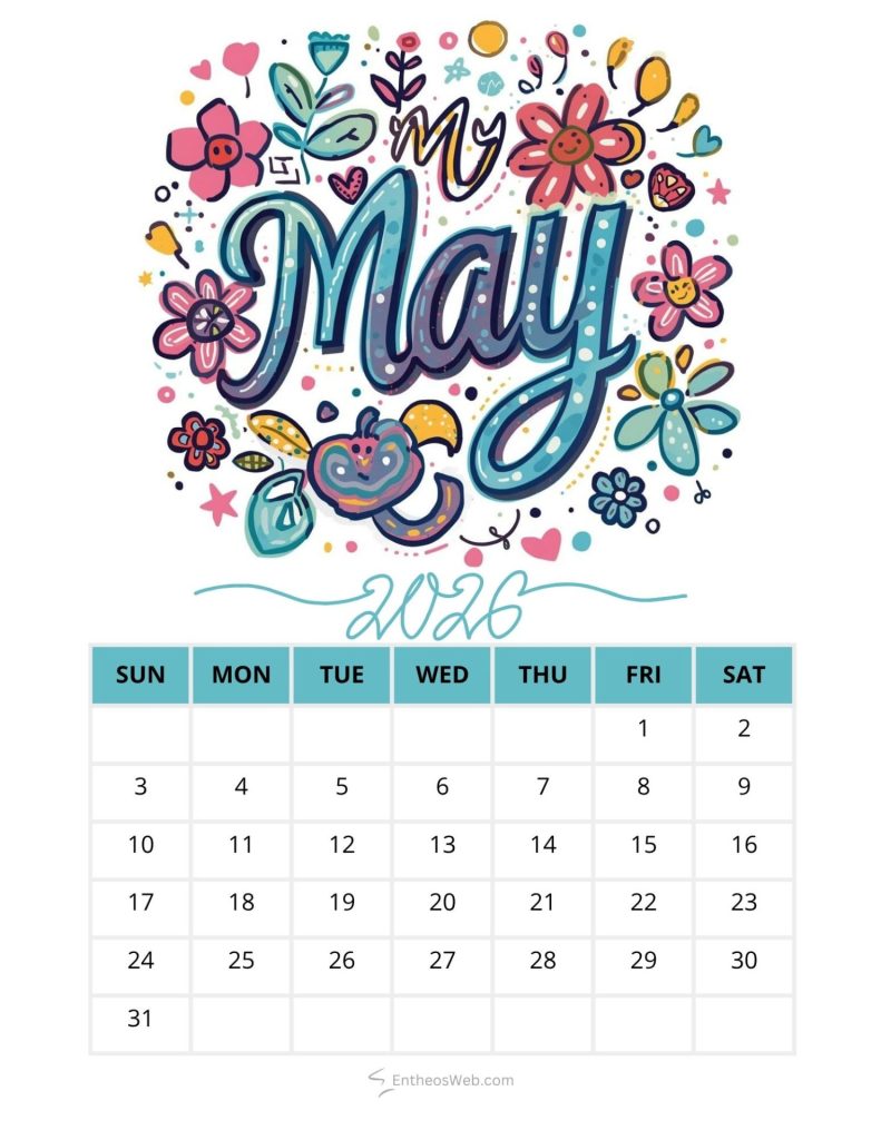 Decorative may 2016 calendar header with bright flowers and the days grid starting on sunday May flower printable calendar