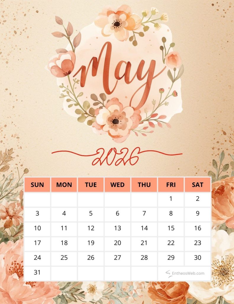 May 2016 calendar page with peach florals and decorative border soft pastel background calendar grid below may flowery red printable calendar