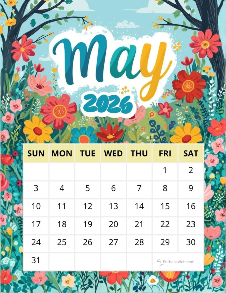 Bright may 2026 calendar page with a turquoise floral border header shows may 2026 in teal and yellow script with a sundaysaturday grid of dates 131 May light yellow printable calendar