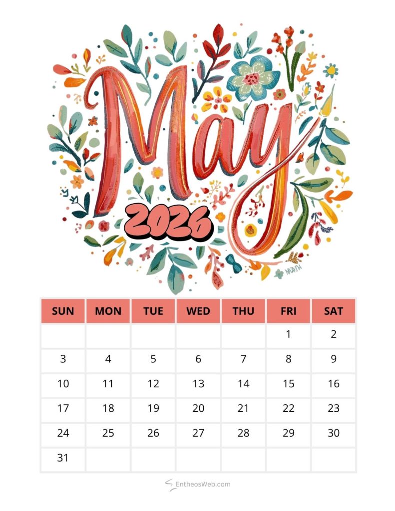 Colorful may 2026 calendar page with a floral circular illustration above a grid of days starting on sunday May red printable calendar