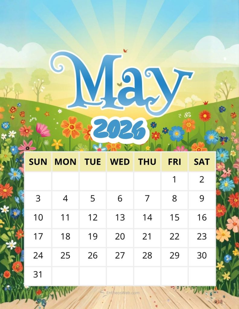 May 2026 calendar over a bright flower filled meadow with a sunny sky and path in the foreground date grid below May spring and summer sun printable calendar