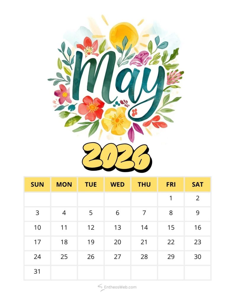 May 2026 calendar with a bright floral design and yellow header row sunsat May spring and summer watercolor yellow printable calendar