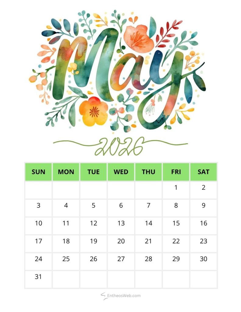 May 2026 calendar page with a watercolor floral may title and a grid of days starting sunday of the week May watercolor light green printable calendar