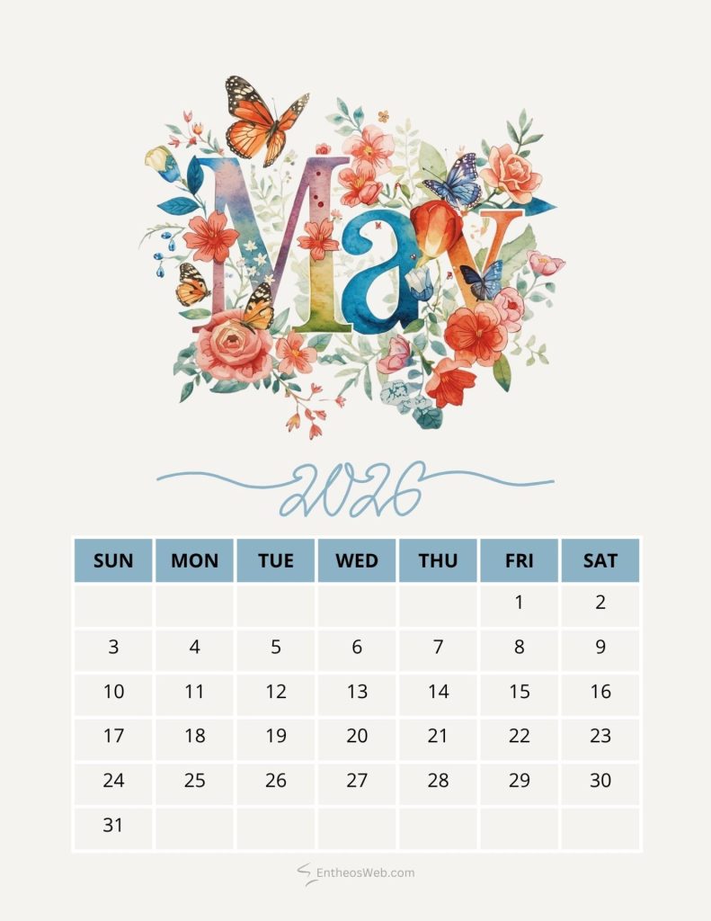 Colorful floral may 2016 calendar header with butterflies and a date grid below May with flowers and butterflies blue printable calendar