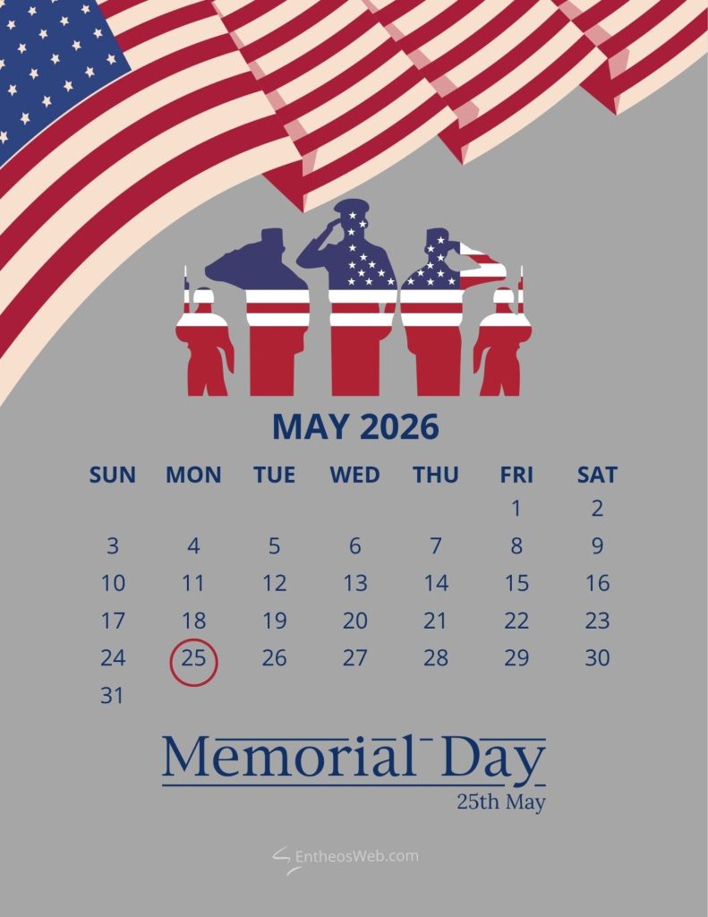 May 2026 calendar page with a red circle around may 25 for memorial day patriotic flags and soldier silhouettes above the dates Memorial day printable calander 25th may 2026