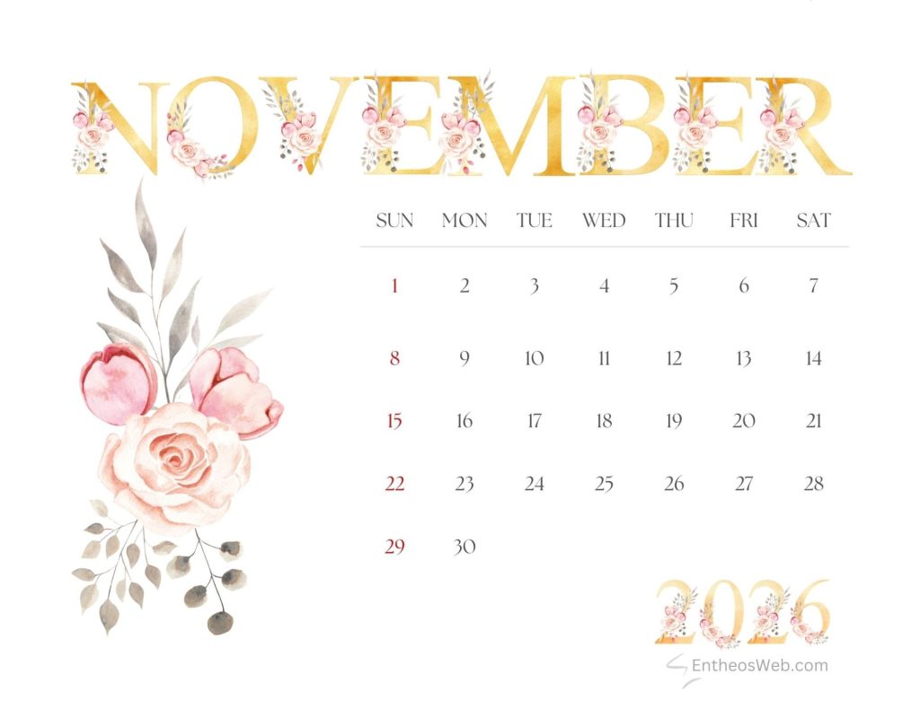November 2026 aesthetic calendar pink and gold floral lettering entheosweb