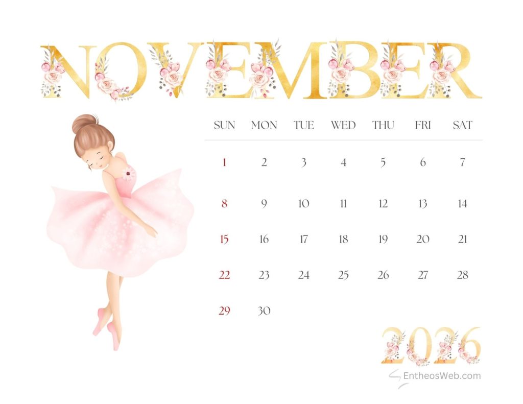 November 2026 aesthetic calendar pink and gold floral lettering entheosweb 3
