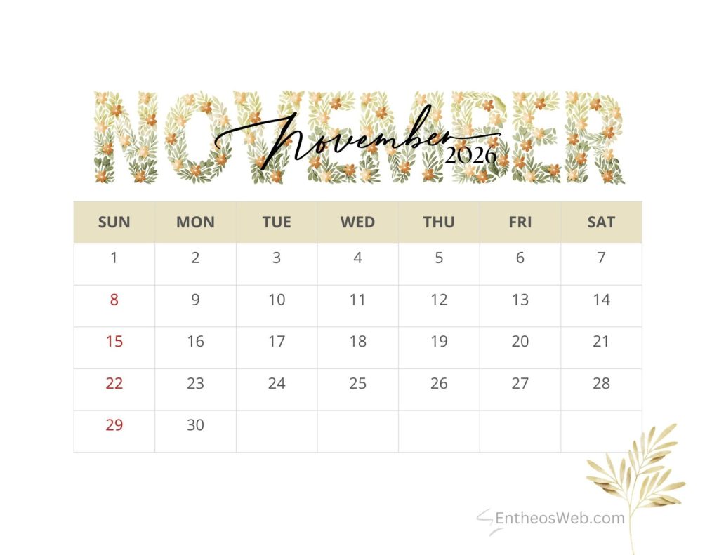 November 2026 calendar autumn lettering entheosweb
