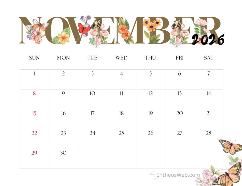 November 2026 calendar brown lettering with flowers and butterflies entheosweb