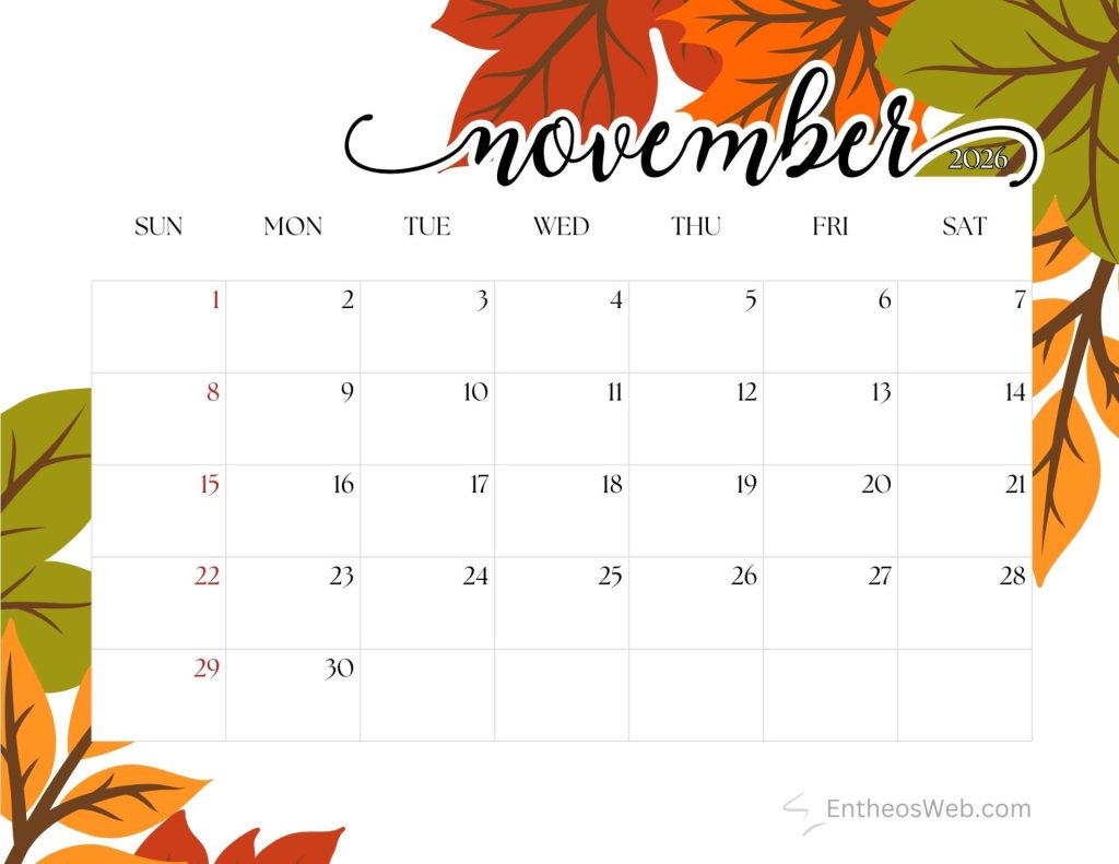 November 2026 calendar printable fall leaves entheosweb