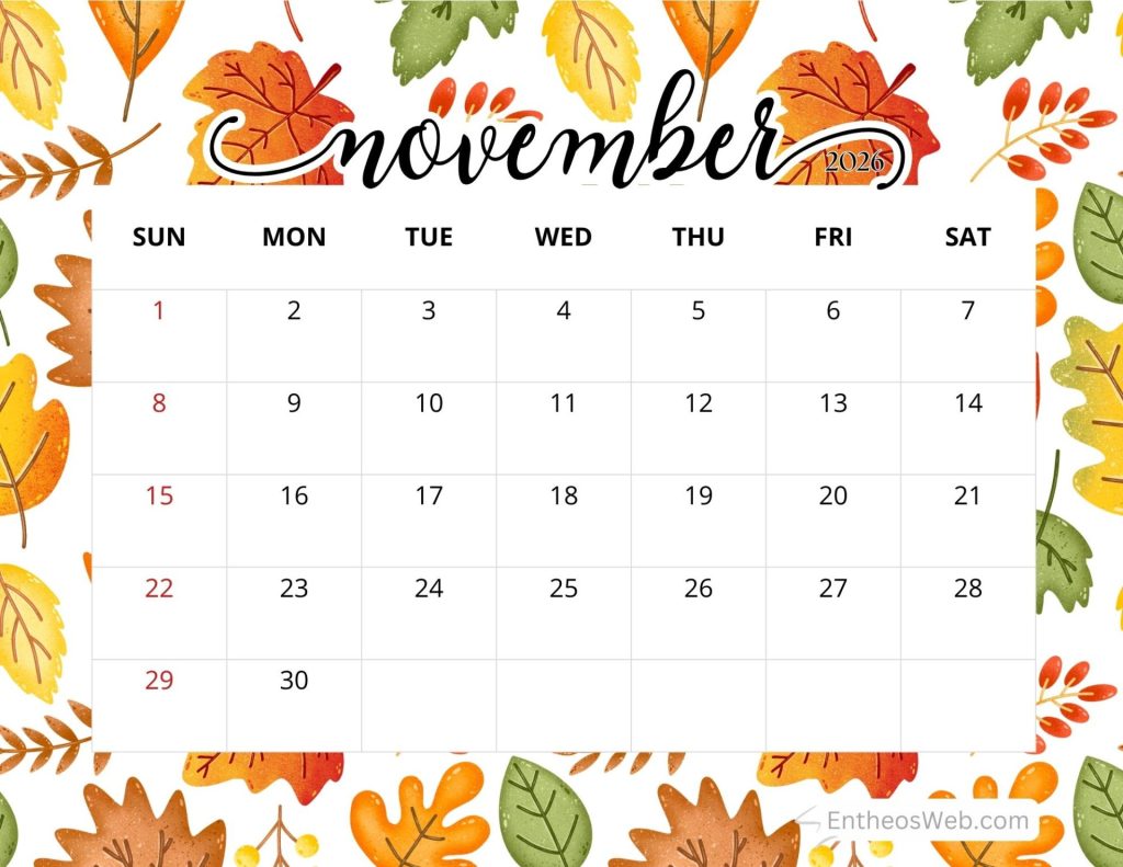 November 2026 calendar printable fall leaves entheosweb