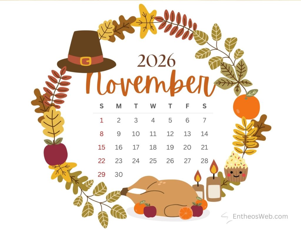November 2026 printable calendar fall and thanksgiving by entheosweb