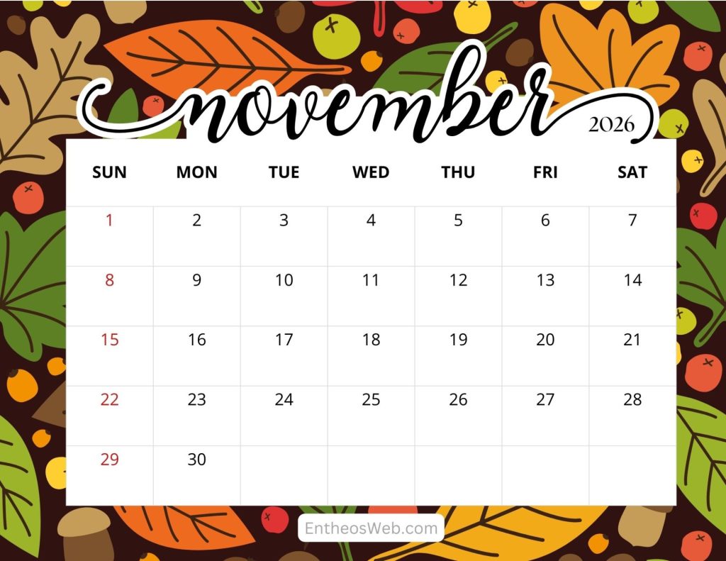 November 2026 printable calendar fall by entheosweb