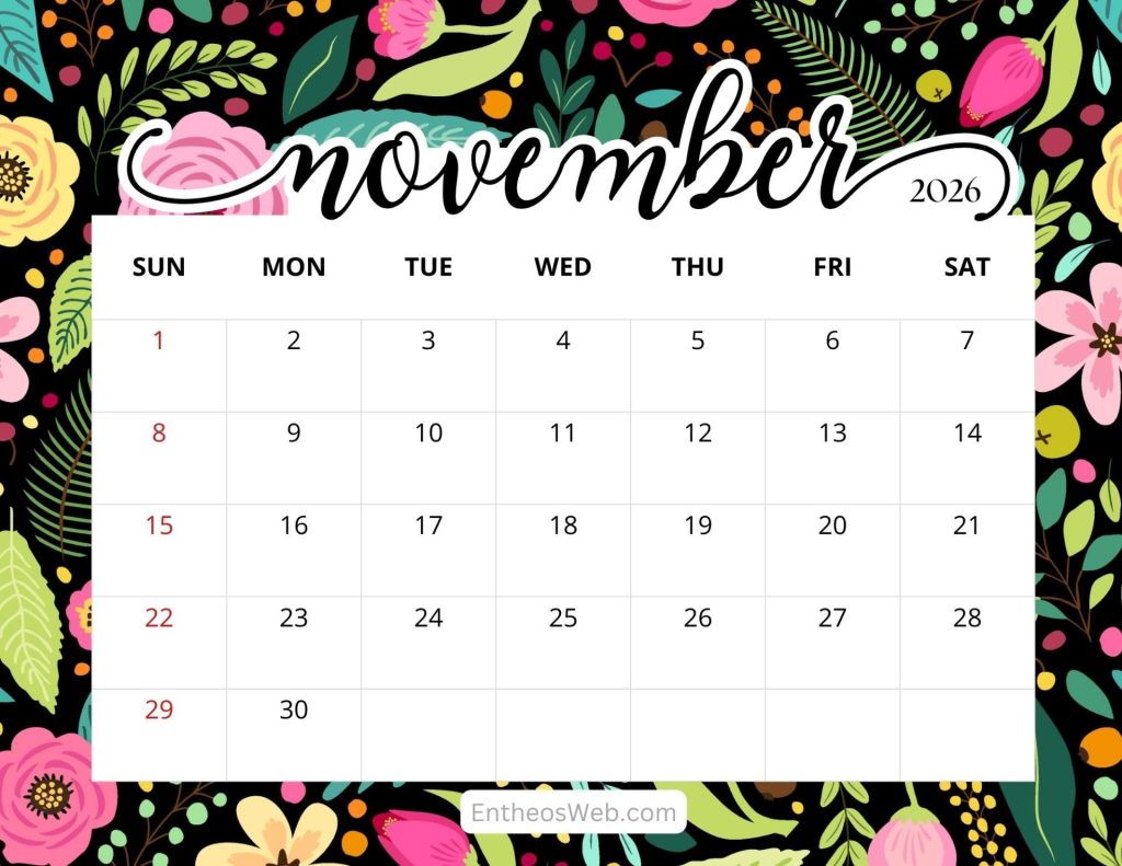 November 2026 printable calendar floral by entheosweb