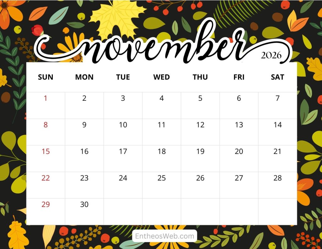 November 2026 printable calendar floral by entheosweb 2
