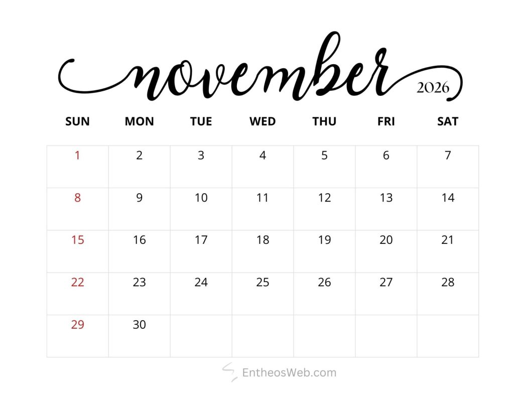 November 2026 printable calendar floral by entheosweb 4