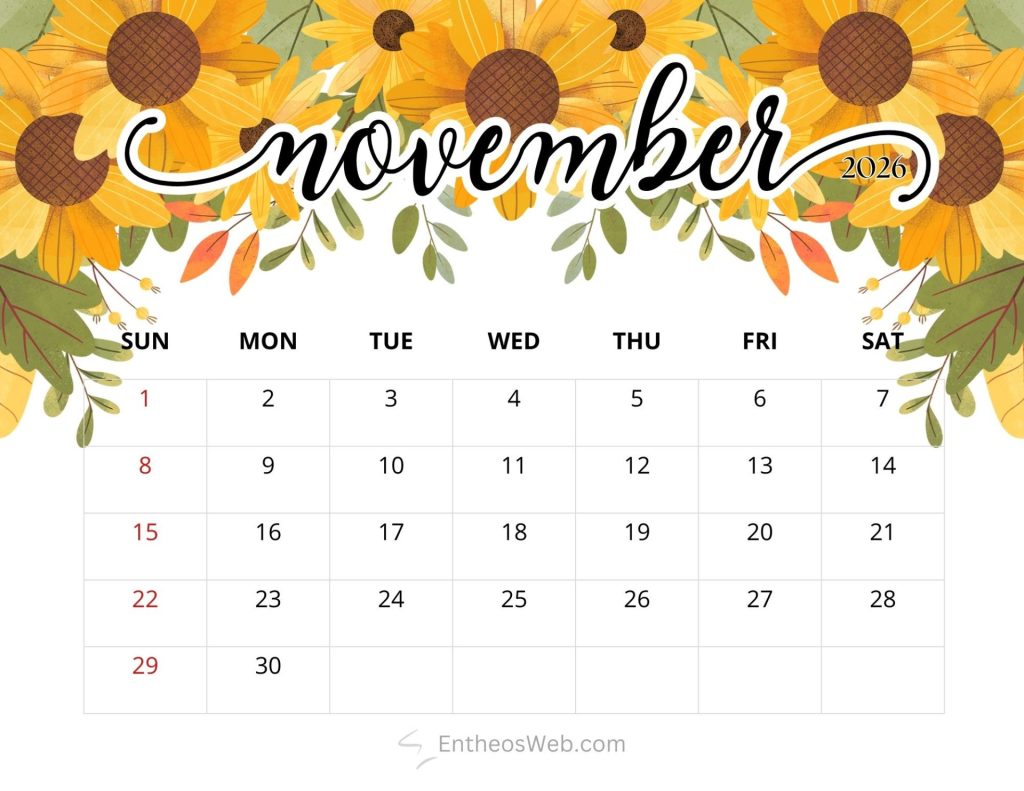 November 2026 printable calendar sunflowers by entheosweb