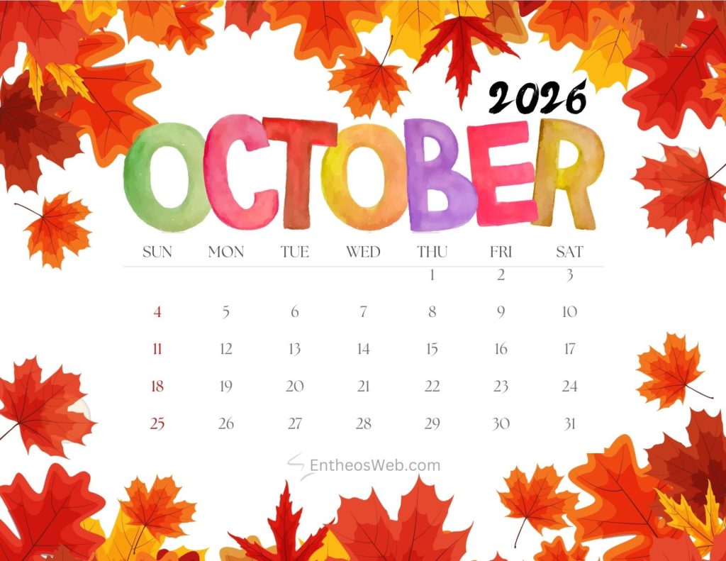 October 2025 calendar autumn leaves entheosweb