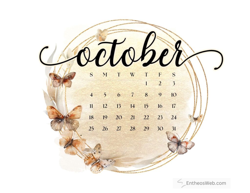 October 2025 printable calendar butterflies gold by entheosweb