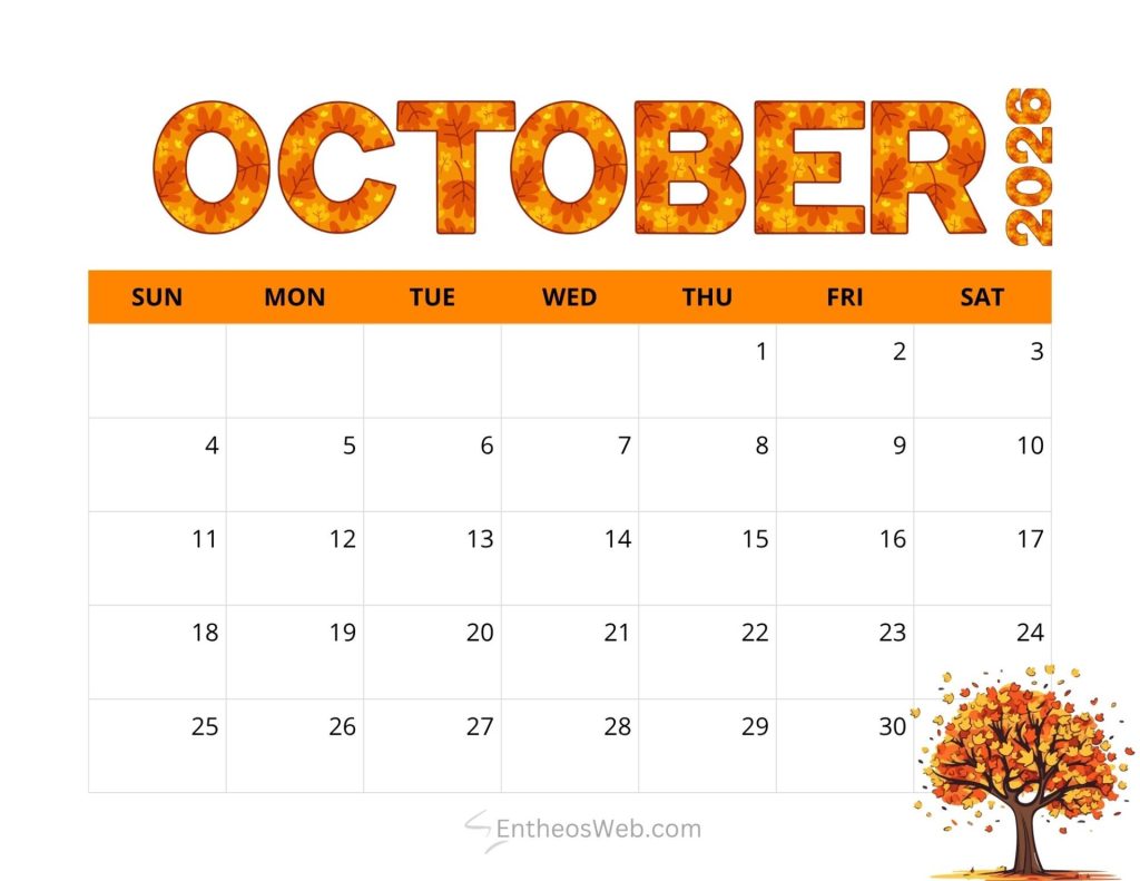 October 2020 calendar page with orange header and autumn leaf design days of week and dates visible in grid tree illustration in corner October 2026 calendar autumn alphabets entheosweb