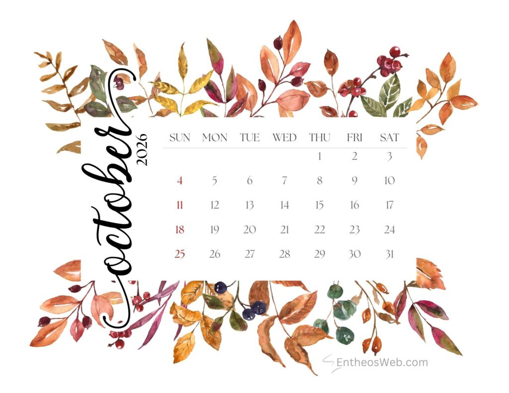April 2022 calendar page with watercolor autumn leaves border along top and bottom october 2026 calendar fall leaves entheosweb 2