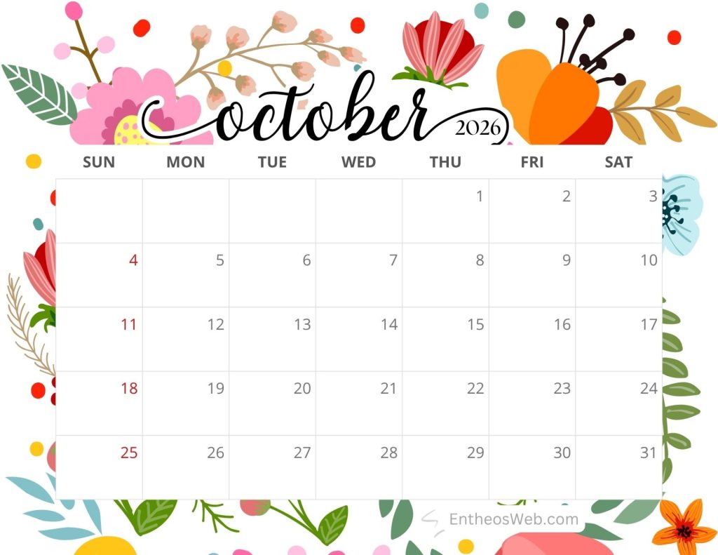 Decorative october 2026 calendar header with bold script october and floral border followed by a grid of days October 2026 calendar flowers entheosweb
