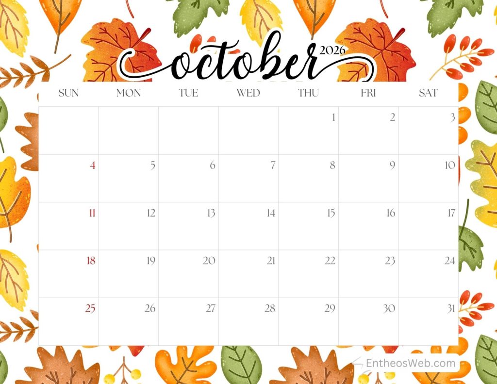 October 2026 calendar page with a decorative autumn leaf border and a grid of days and dates sunsat October 2026 calendar printable fall leaves entheosweb 2