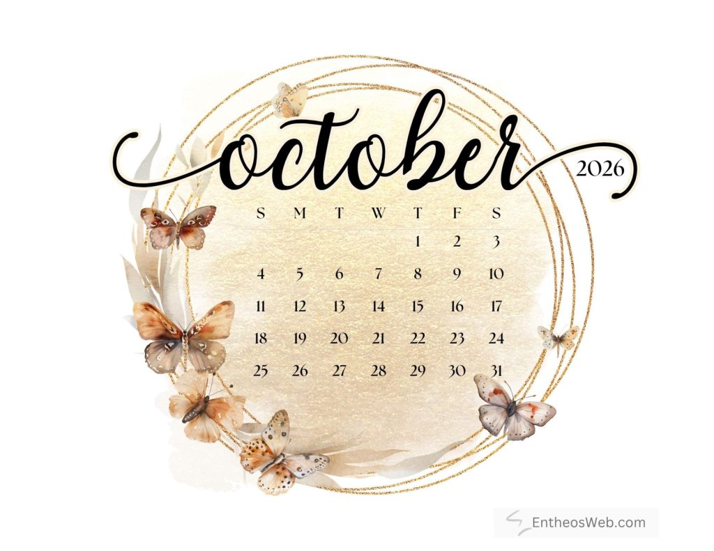 October 2026 calendar page with gold rings and butterfly illustrations in soft beige tones October 2026 printable calendar butterflies gold by entheosweb