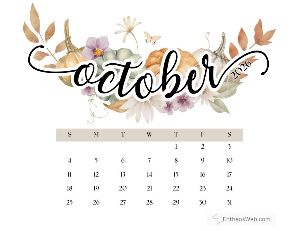 October 2026 calendar page with watercolor pumpkins and flowers around the month name days sunsat and dates 131 October printable calendar 2026
