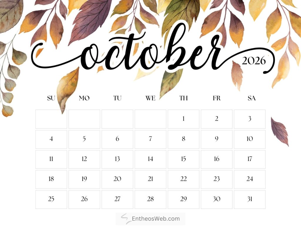 October 2026 calendar grid with days sunday to saturday and numbered date boxes framed by autumn leaf border artwork october printable calendar 2026 2